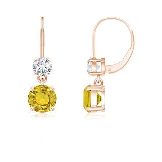 5mm AAAA Round Yellow Sapphire Leverback Dangle Earrings with Diamond in Rose Gold