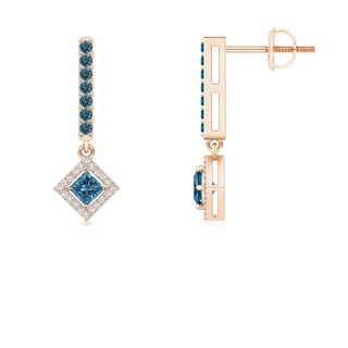 2.9mm AAA Floating Princess-Cut Blue Diamond Dangle Earrings in Rose Gold