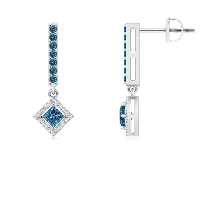 2.9mm AAA Floating Princess-Cut Blue Diamond Dangle Earrings in White Gold