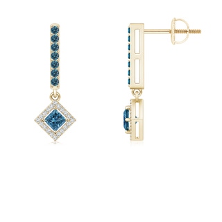 2.9mm AAA Floating Princess-Cut Blue Diamond Dangle Earrings in Yellow Gold