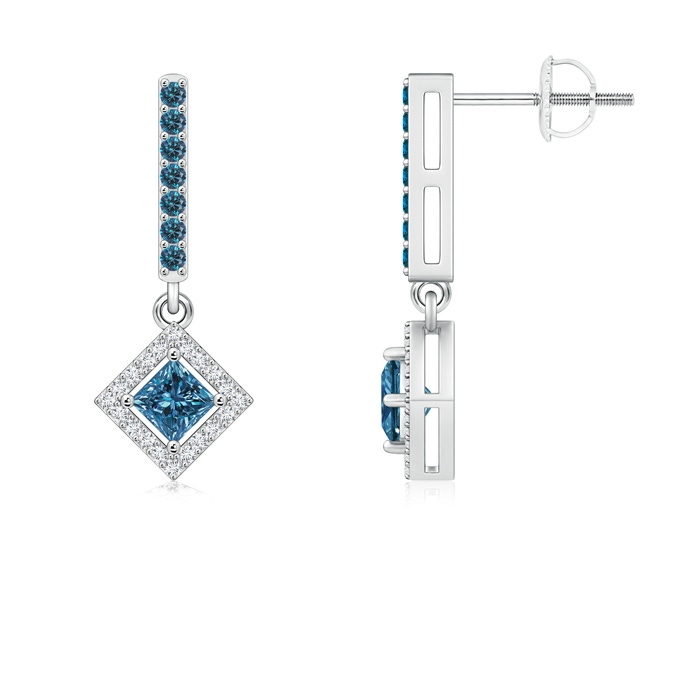 3.4mm AAA Floating Princess-Cut Blue Diamond Dangle Earrings in White Gold