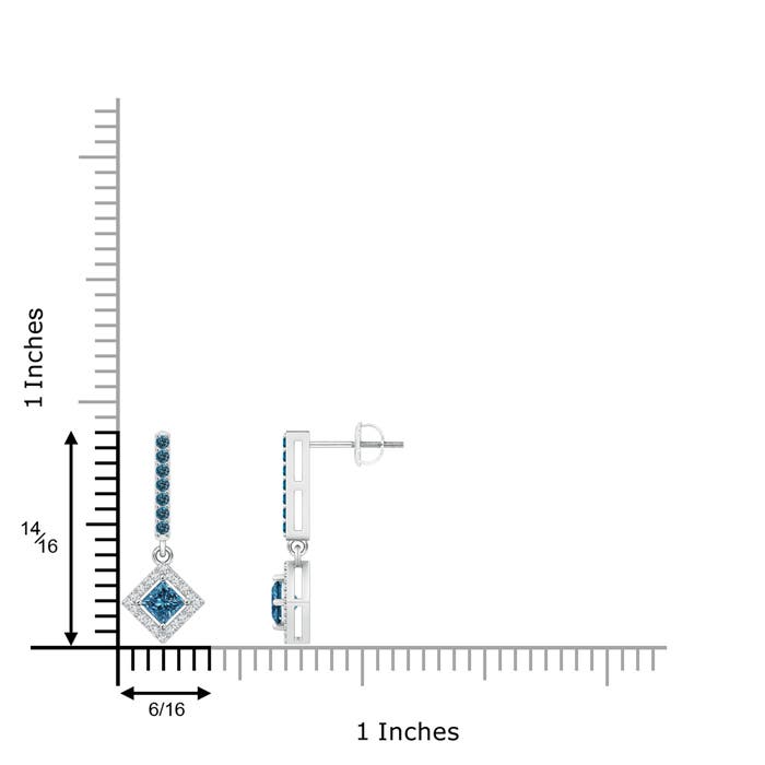 3.4mm AAA Floating Princess-Cut Blue Diamond Dangle Earrings in White Gold - ruler