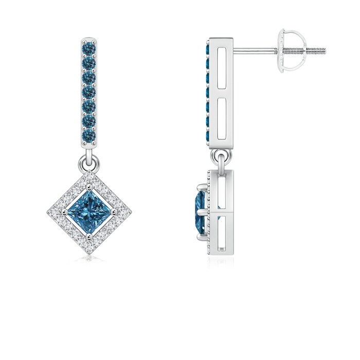 3.6mm AAA Floating Princess-Cut Blue Diamond Dangle Earrings in P950 Platinum