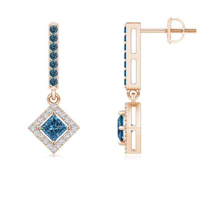 3.6mm AAA Floating Princess-Cut Blue Diamond Dangle Earrings in Rose Gold