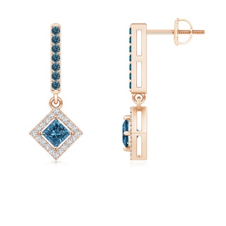 3.6mm AAA Floating Princess-Cut Blue Diamond Dangle Earrings in Rose Gold