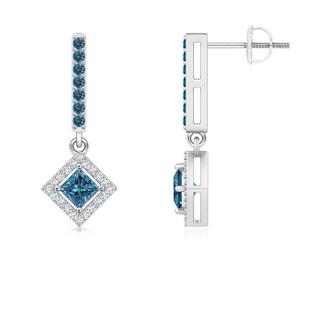 3.6mm AAA Floating Princess-Cut Blue Diamond Dangle Earrings in White Gold