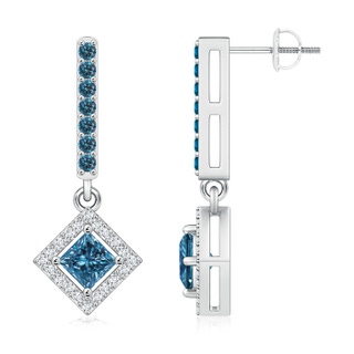 5mm AAA Floating Princess-Cut Blue Diamond Dangle Earrings in P950 Platinum