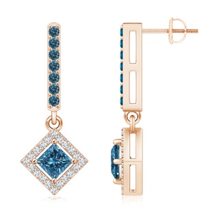 5mm AAA Floating Princess-Cut Blue Diamond Dangle Earrings in Rose Gold