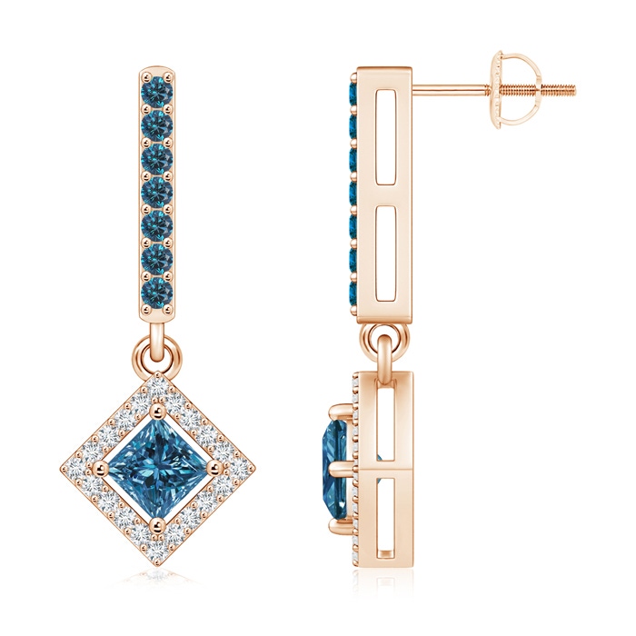 5mm AAA Floating Princess-Cut Blue Diamond Dangle Earrings in Rose Gold 