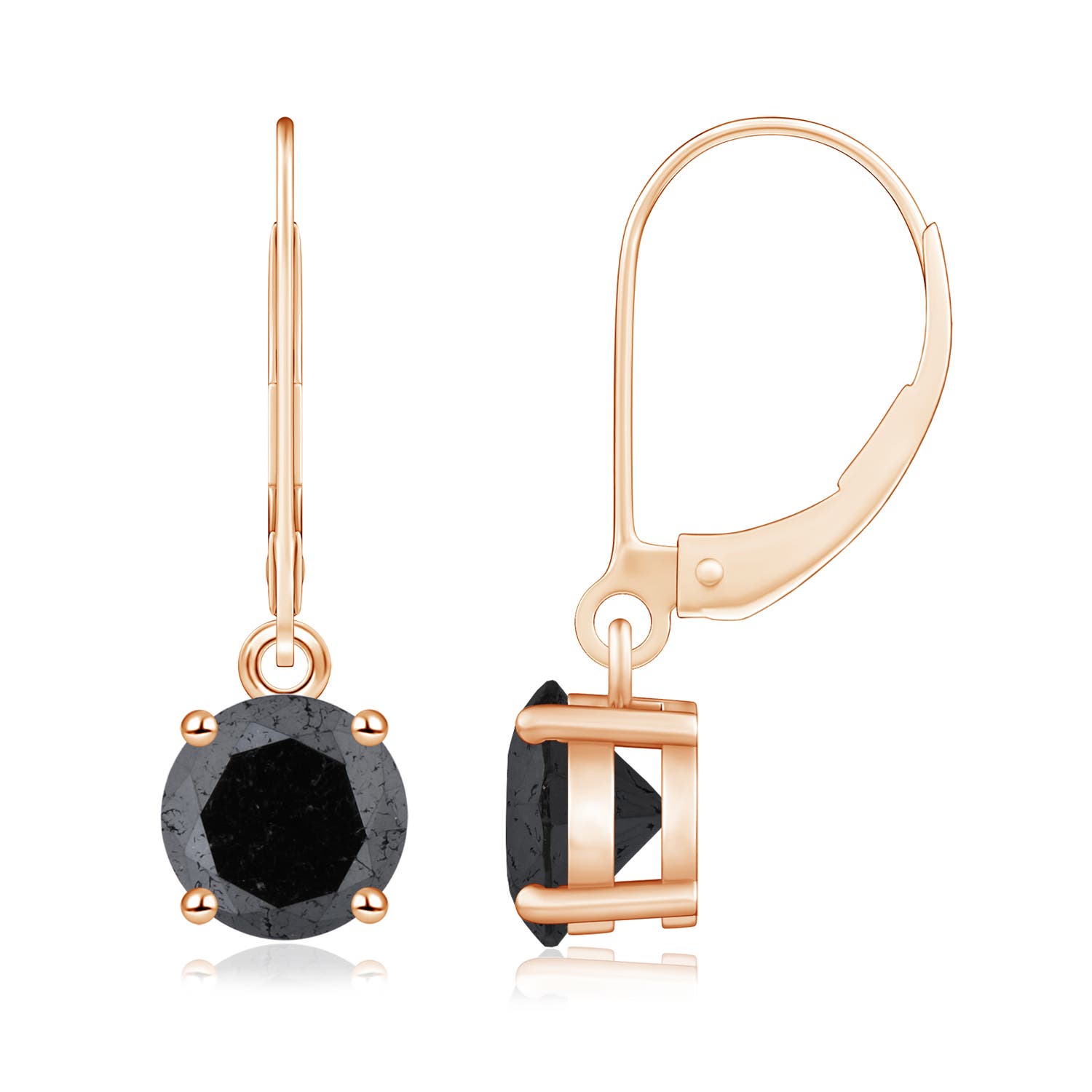 6.5mm A Round Black Diamond Leverback Earrings in Rose Gold