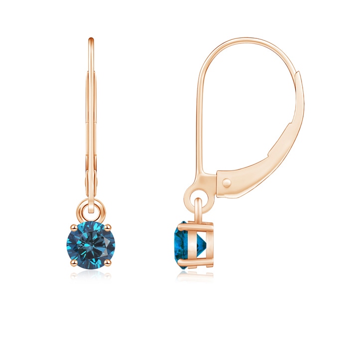 4.1mm AAA Round Enhanced Blue Diamond Leverback Earrings in Rose Gold