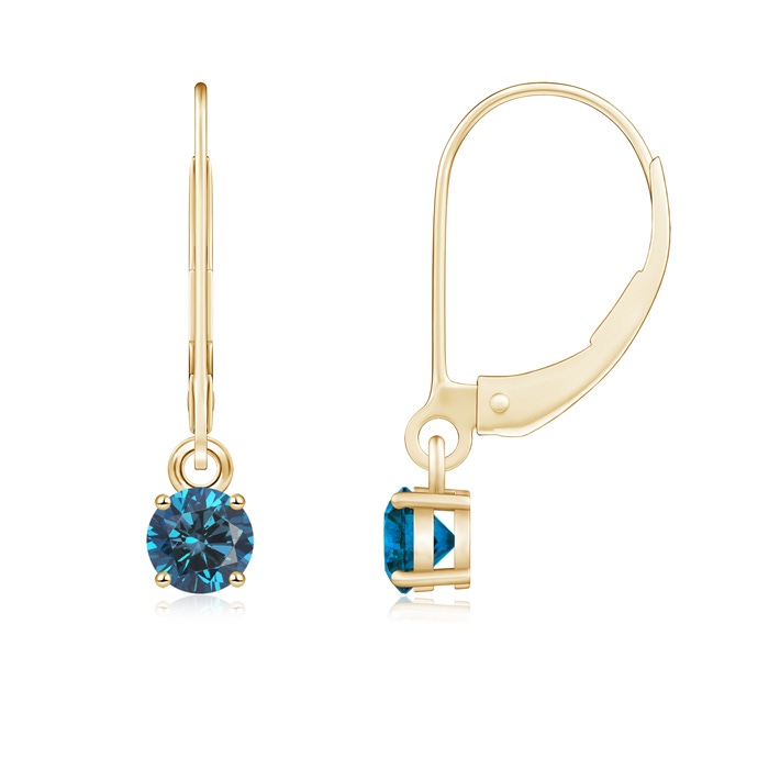 4.1mm AAA Round Enhanced Blue Diamond Leverback Earrings in Yellow Gold