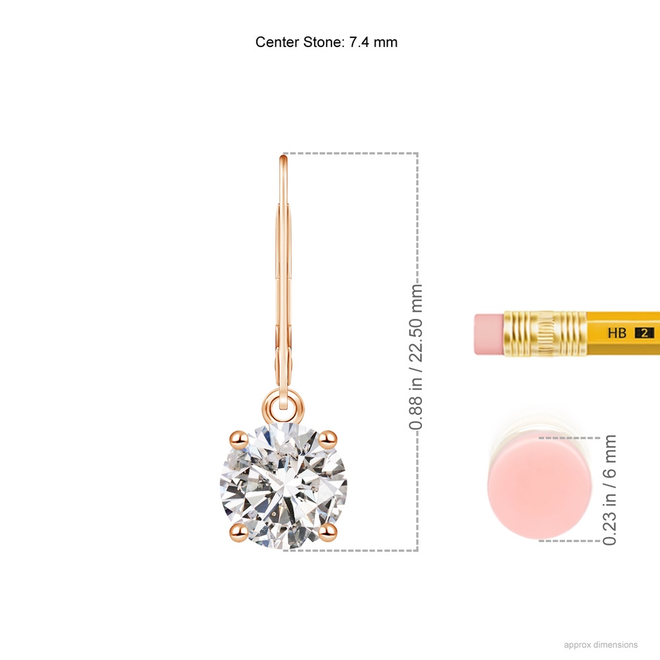 7.4mm IJI1I2 Round Diamond Leverback Earrings in Rose Gold ruler