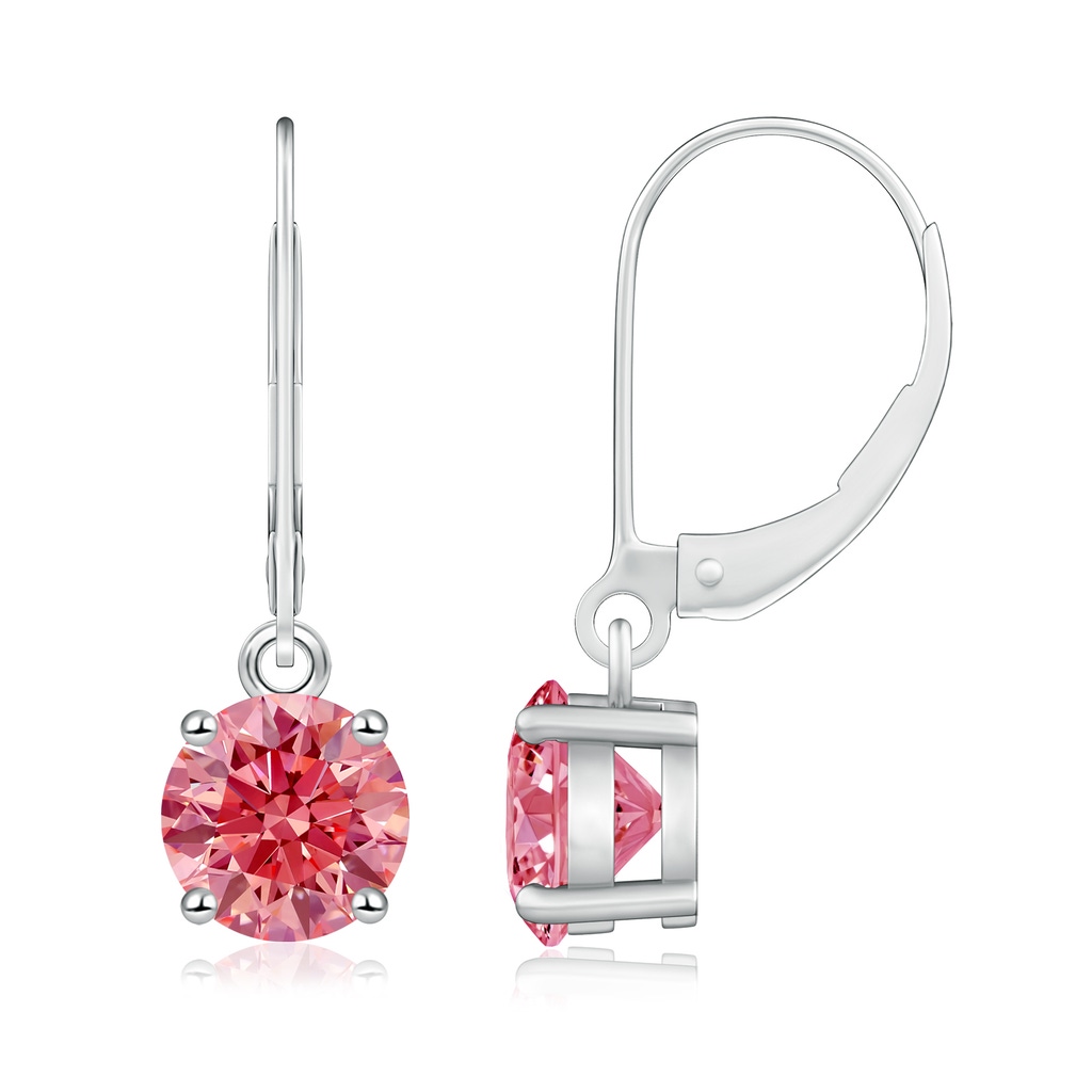 6.5mm AAAA Round Fancy Intense Pink Diamond Leverback Earrings in White Gold