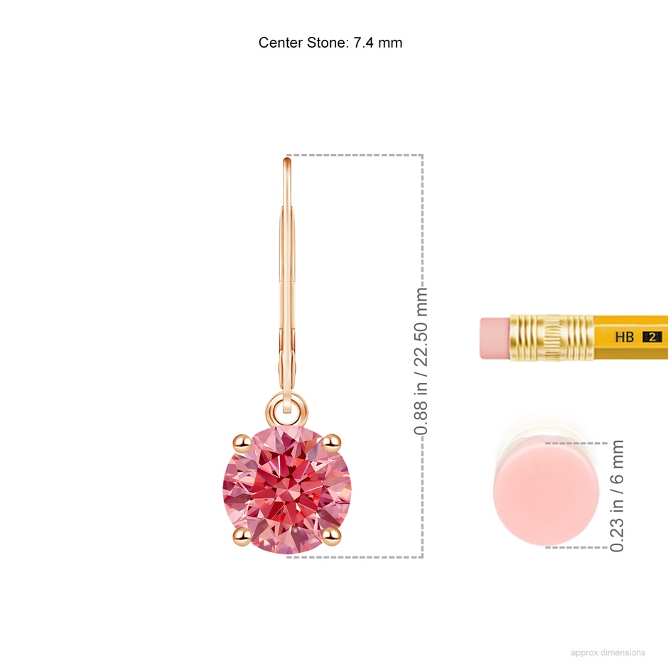 7.4mm AAAA Round Fancy Intense Pink Diamond Leverback Earrings in Rose Gold ruler