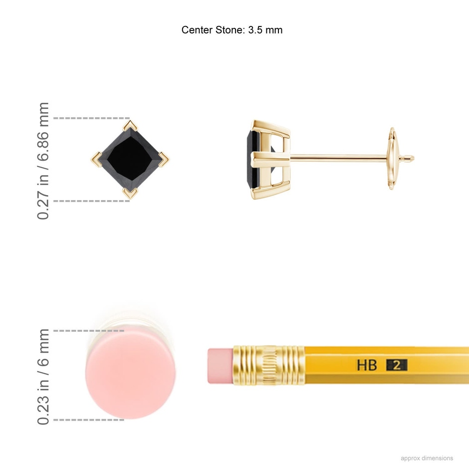 3.5mm AA Princess-Cut Enhanced Black Diamond Stud Earrings in 9K Yellow Gold ruler