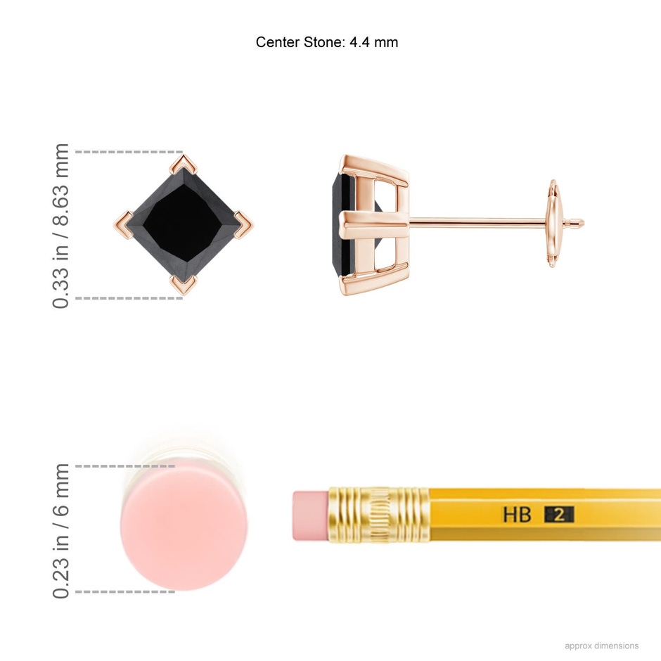 4.4mm AA Princess-Cut Enhanced Black Diamond Stud Earrings in Rose Gold ruler