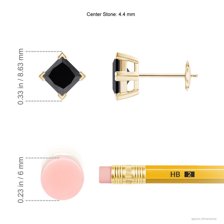 4.4mm AA Princess-Cut Enhanced Black Diamond Stud Earrings in Yellow Gold ruler