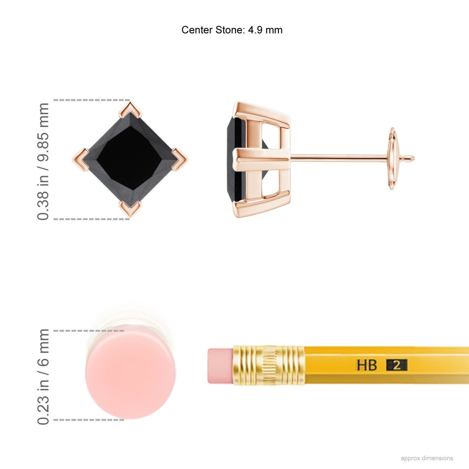 4.9mm AA Princess-Cut Enhanced Black Diamond Stud Earrings in Rose Gold ruler
