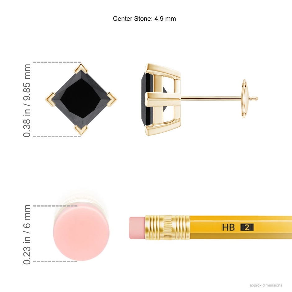 4.9mm AA Princess-Cut Enhanced Black Diamond Stud Earrings in Yellow Gold ruler