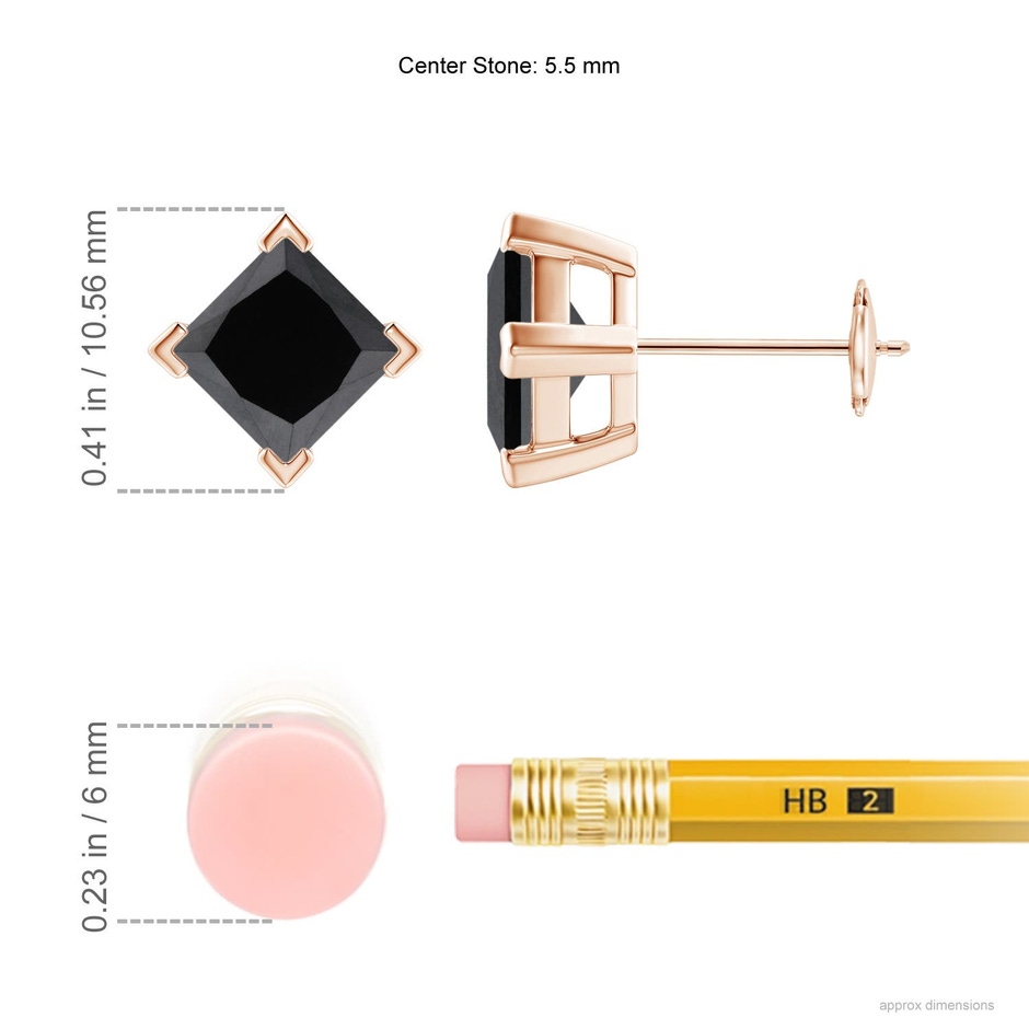 5.5mm AA Princess-Cut Enhanced Black Diamond Stud Earrings in Rose Gold ruler