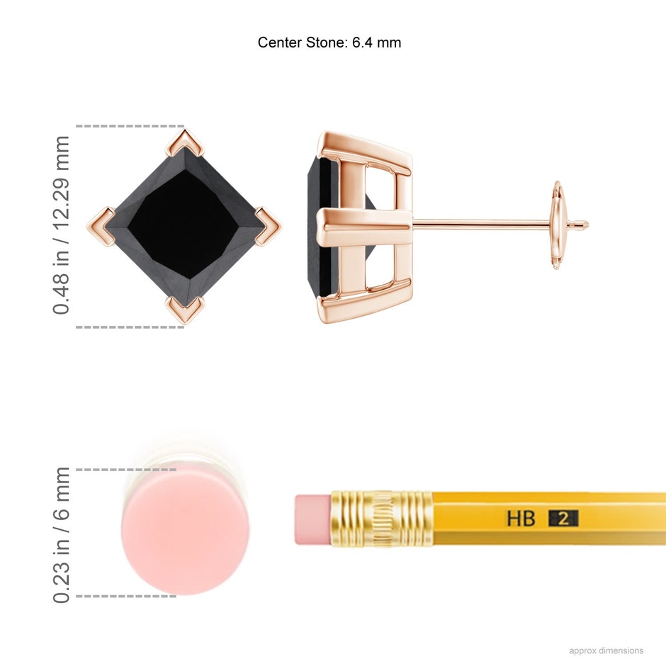 6.4mm AA Princess-Cut Enhanced Black Diamond Stud Earrings in Rose Gold ruler