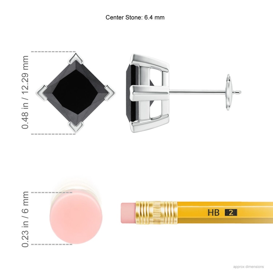 6.4mm AA Princess-Cut Enhanced Black Diamond Stud Earrings in White Gold ruler