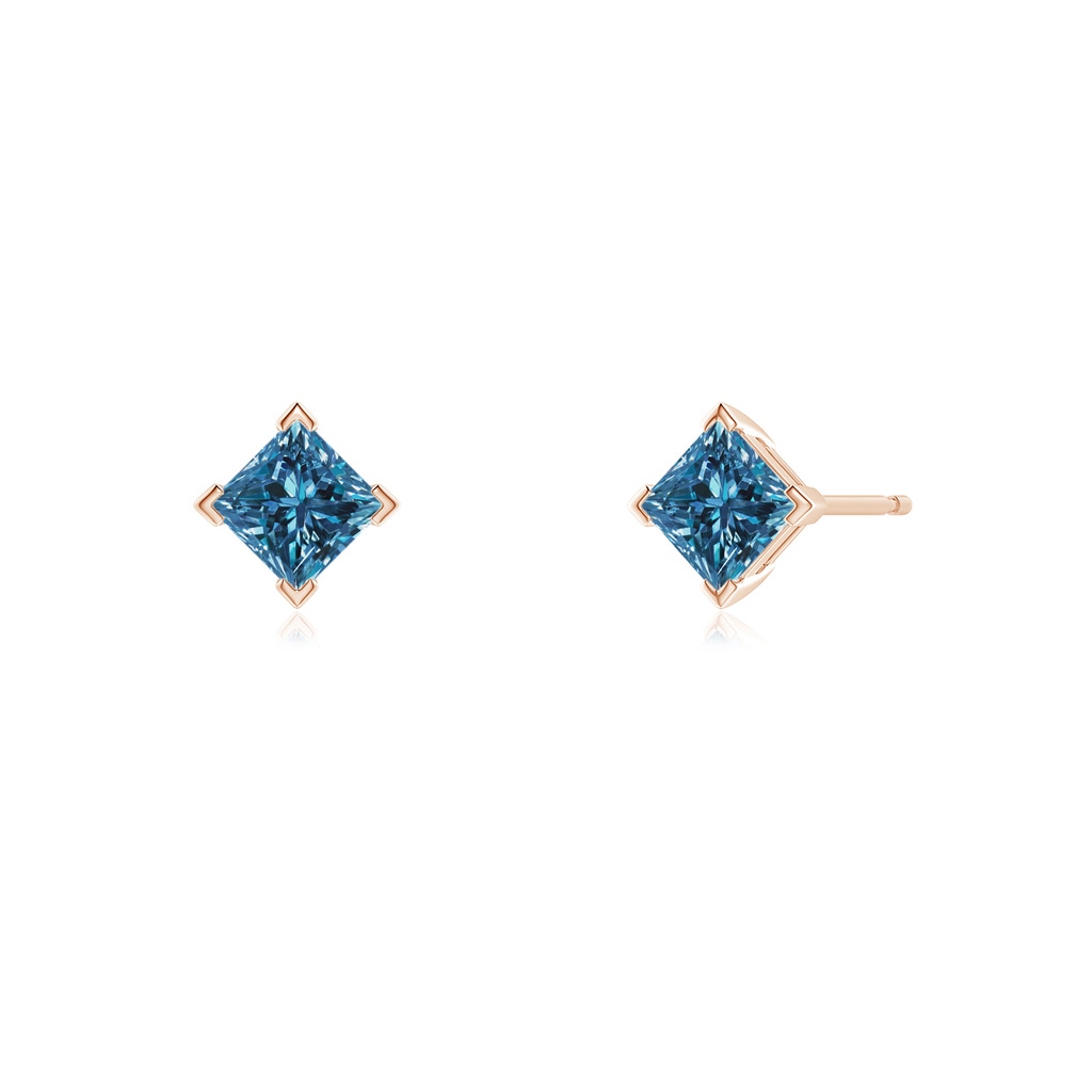 3.5mm AAA Princess-Cut Blue Diamond Stud Earrings in Rose Gold Side-1