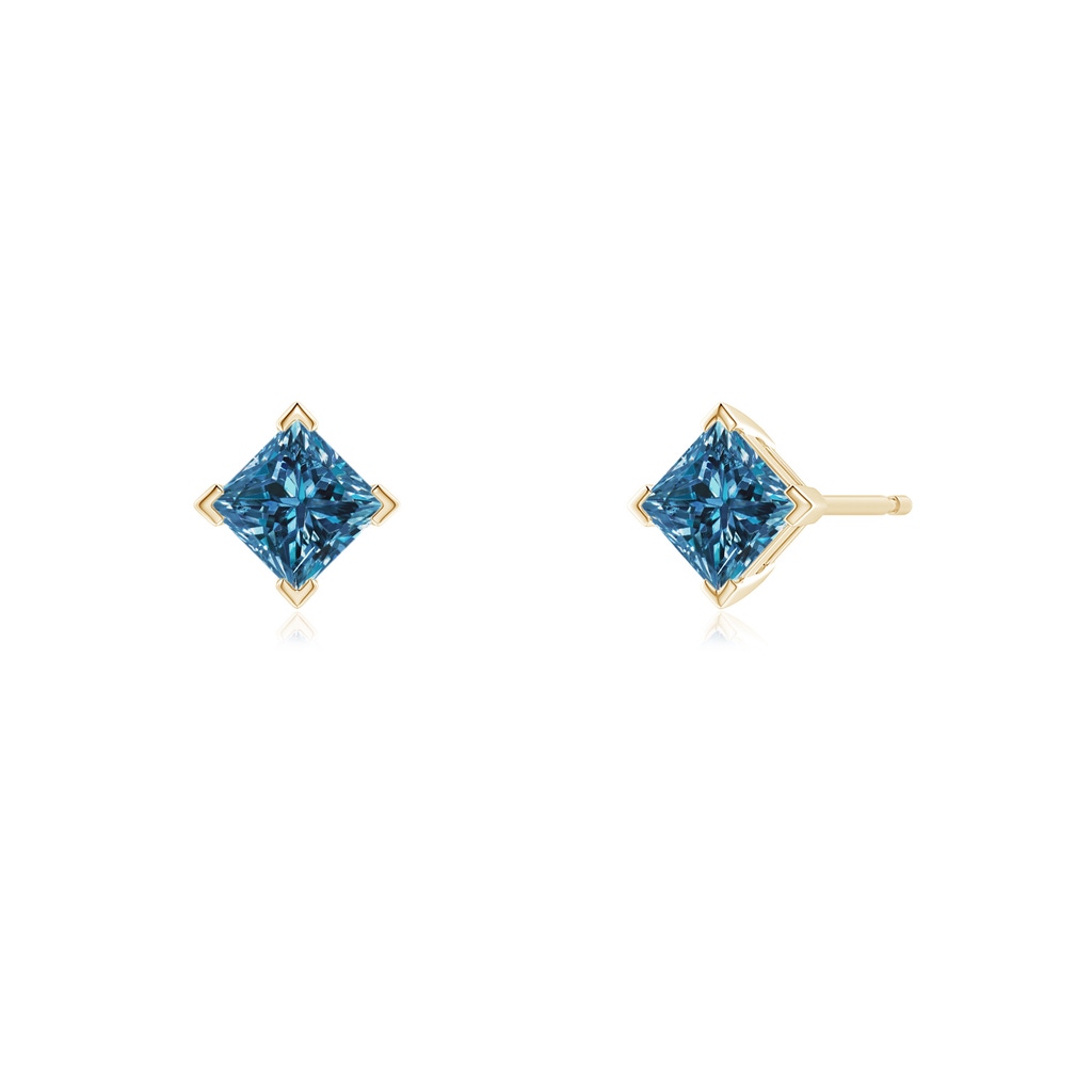 3.5mm AAA Princess-Cut Blue Diamond Stud Earrings in Yellow Gold Side-1