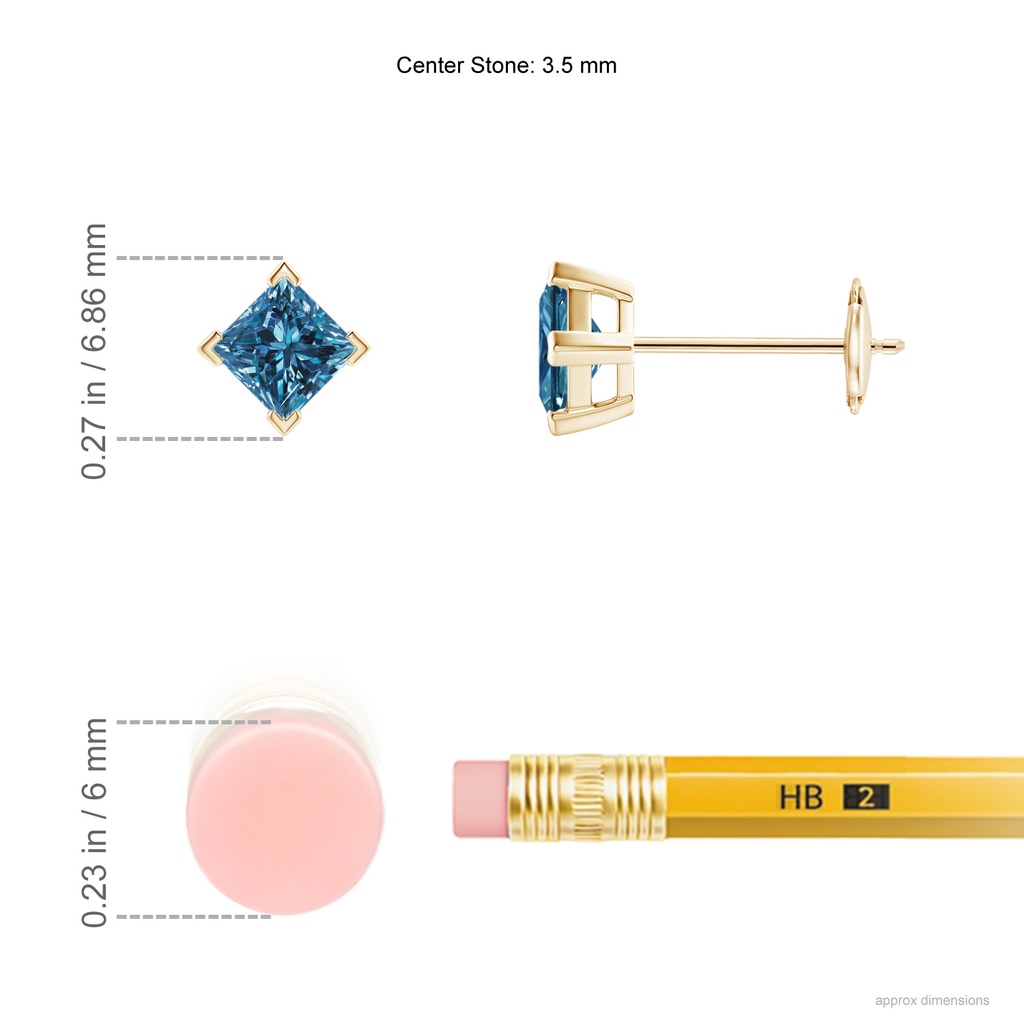 3.5mm AAA Princess-Cut Blue Diamond Stud Earrings in Yellow Gold Ruler