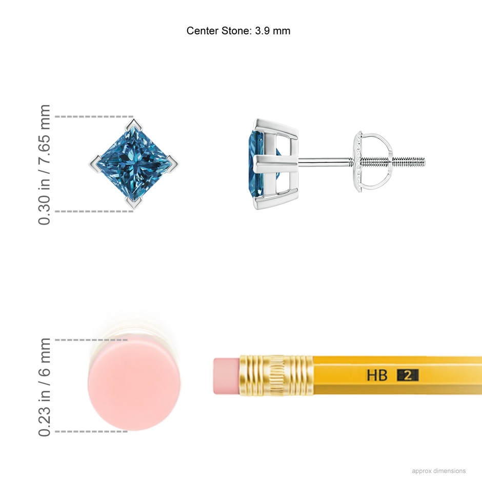 3.9mm AAA Princess-Cut Blue Diamond Stud Earrings in P950 Platinum ruler