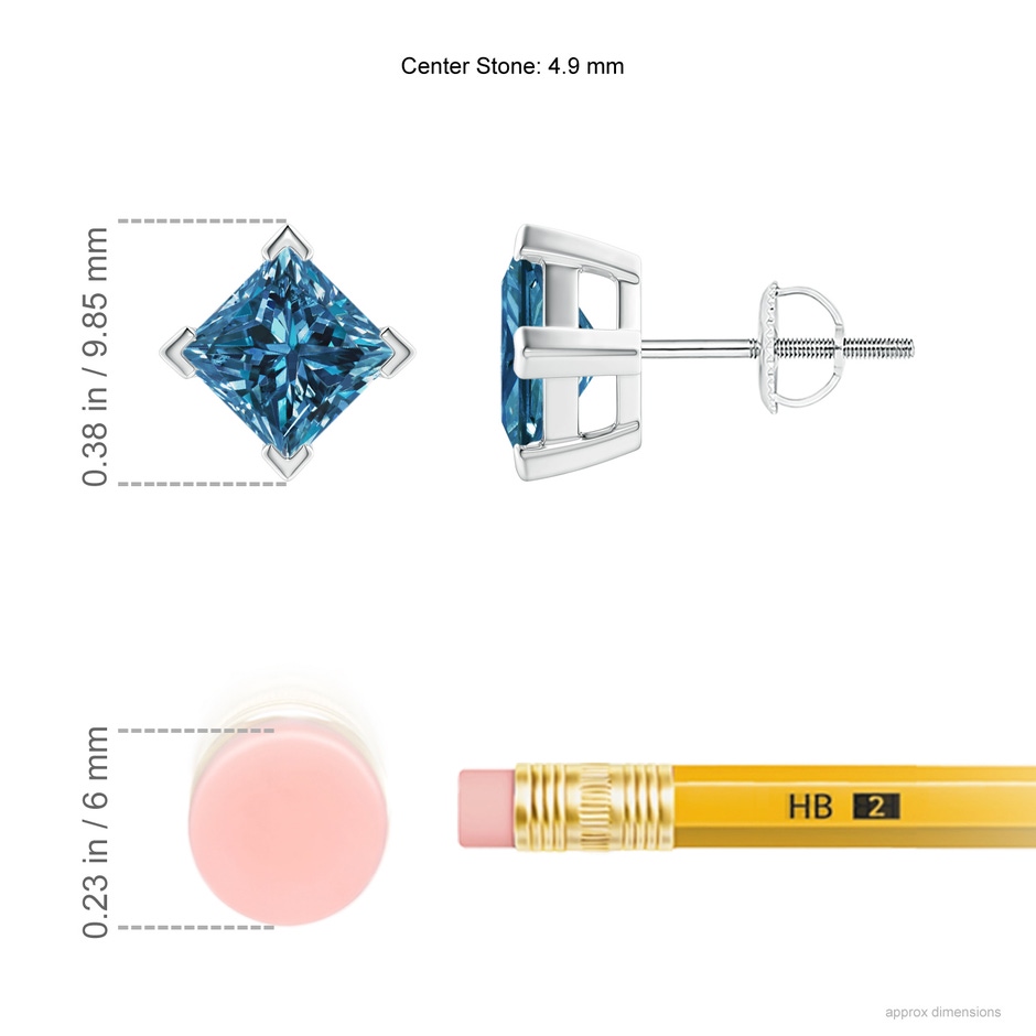 4.9mm AAA Princess-Cut Blue Diamond Stud Earrings in P950 Platinum ruler