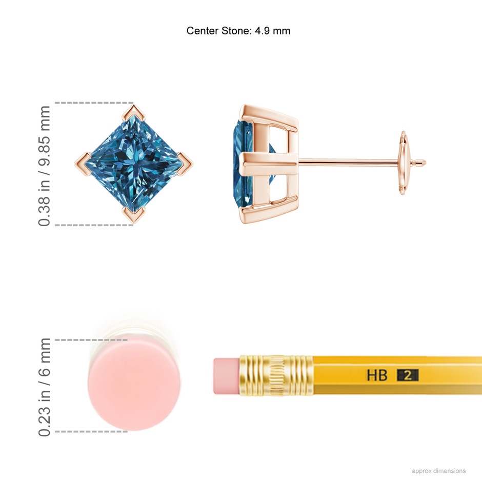 4.9mm AAA Princess-Cut Blue Diamond Stud Earrings in Rose Gold ruler