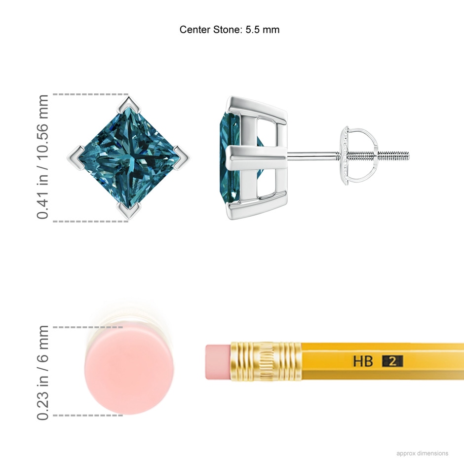 5.5mm AA Princess-Cut Blue Diamond Stud Earrings in P950 Platinum ruler
