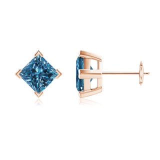 5.5mm AAA Princess-Cut Blue Diamond Stud Earrings in Rose Gold