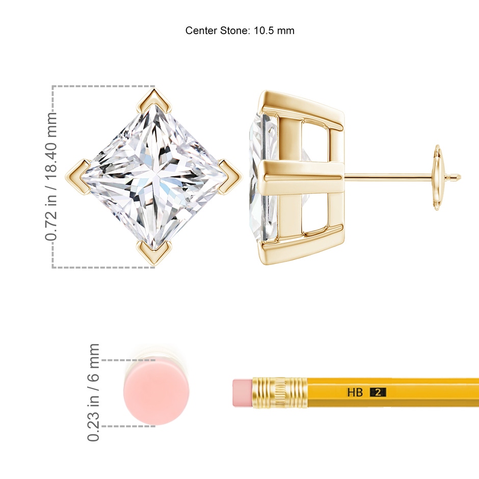 10.5mm GVS2 Princess-Cut Diamond Stud Earrings in Yellow Gold ruler