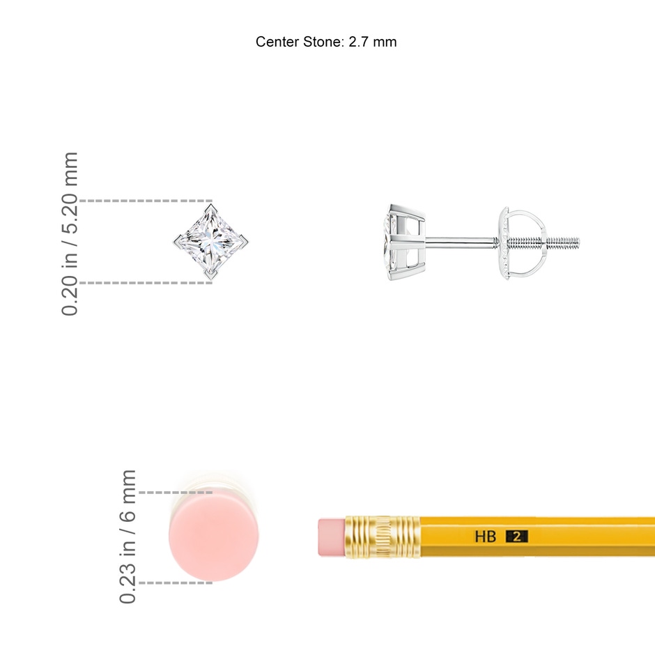 2.7mm GVS2 Princess-Cut Diamond Stud Earrings in P950 Platinum ruler