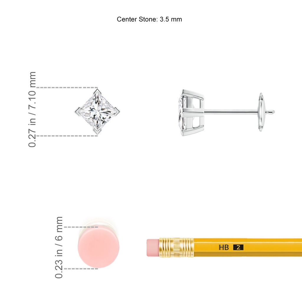 3.5mm HSI2 Princess-Cut Diamond Stud Earrings in White Gold ruler