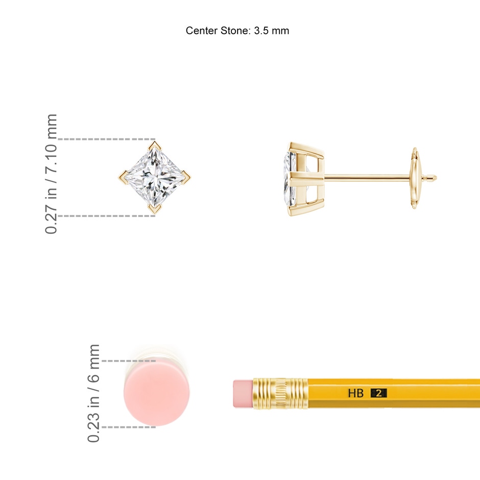 3.5mm HSI2 Princess-Cut Diamond Stud Earrings in Yellow Gold ruler