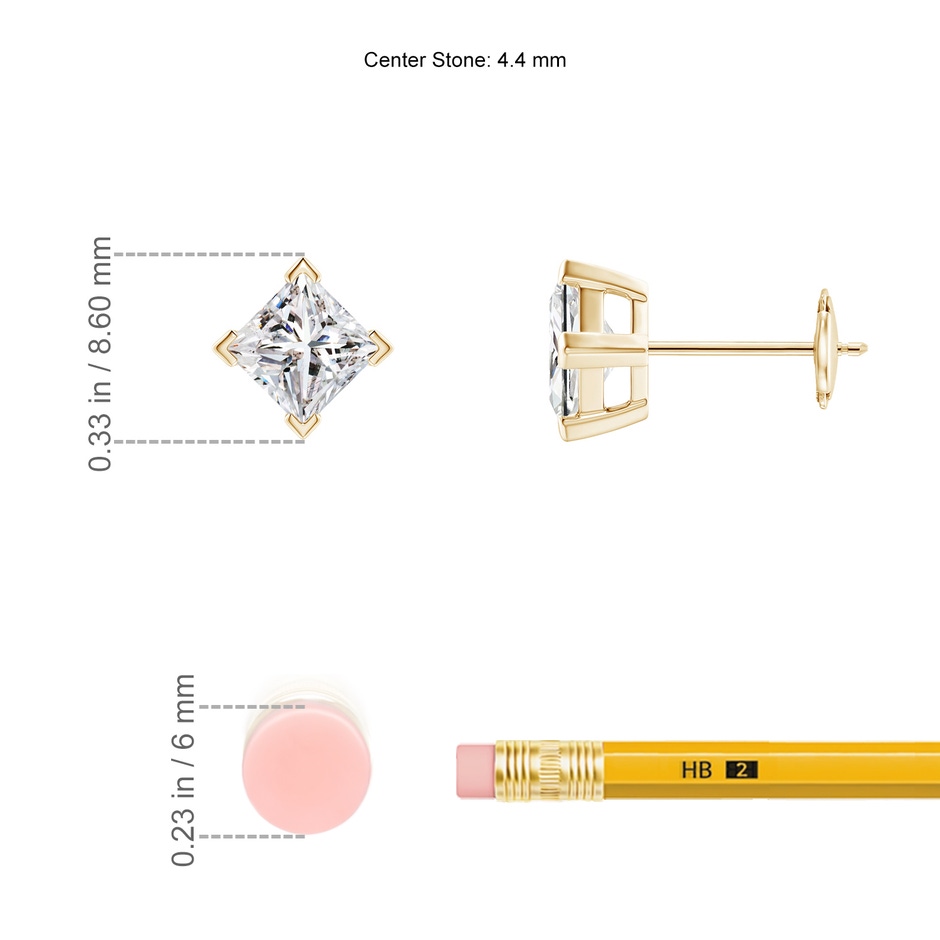 4.4mm IJI1I2 Princess-Cut Diamond Stud Earrings in Yellow Gold ruler