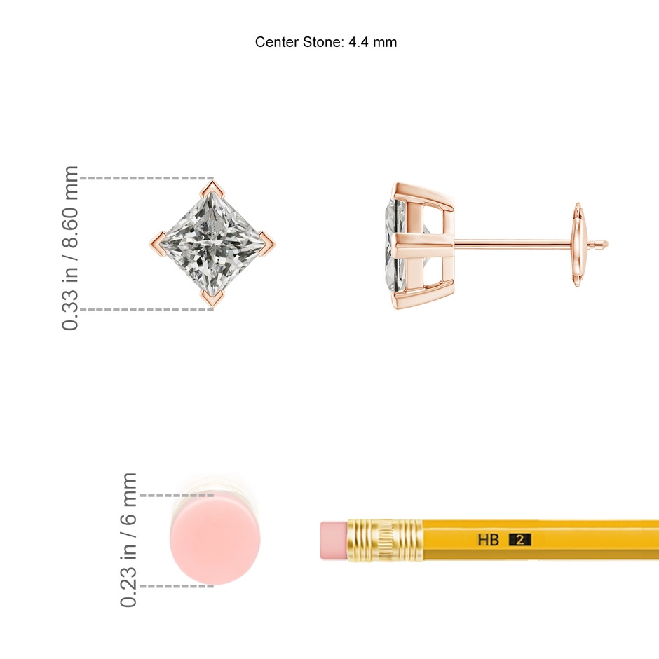 4.4mm KI3 Princess-Cut Diamond Stud Earrings in Rose Gold ruler