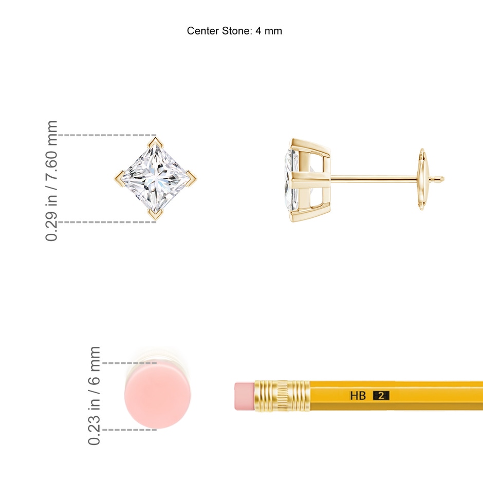 4mm GVS2 Princess-Cut Diamond Stud Earrings in Yellow Gold ruler
