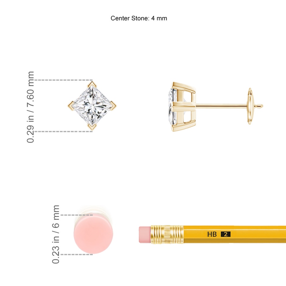 4mm HSI2 Princess-Cut Diamond Stud Earrings in Yellow Gold ruler