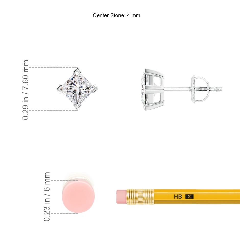 4mm IJI1I2 Princess-Cut Diamond Stud Earrings in P950 Platinum ruler