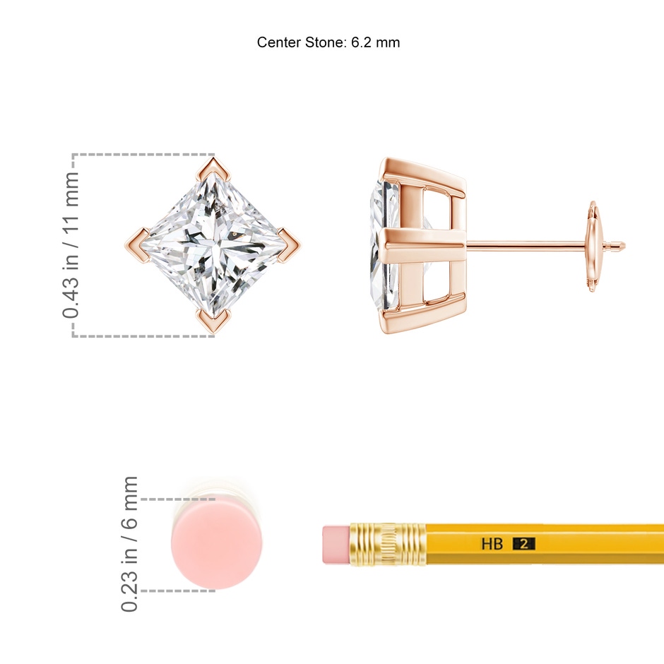 6.2mm HSI2 Princess-Cut Diamond Stud Earrings in Rose Gold ruler