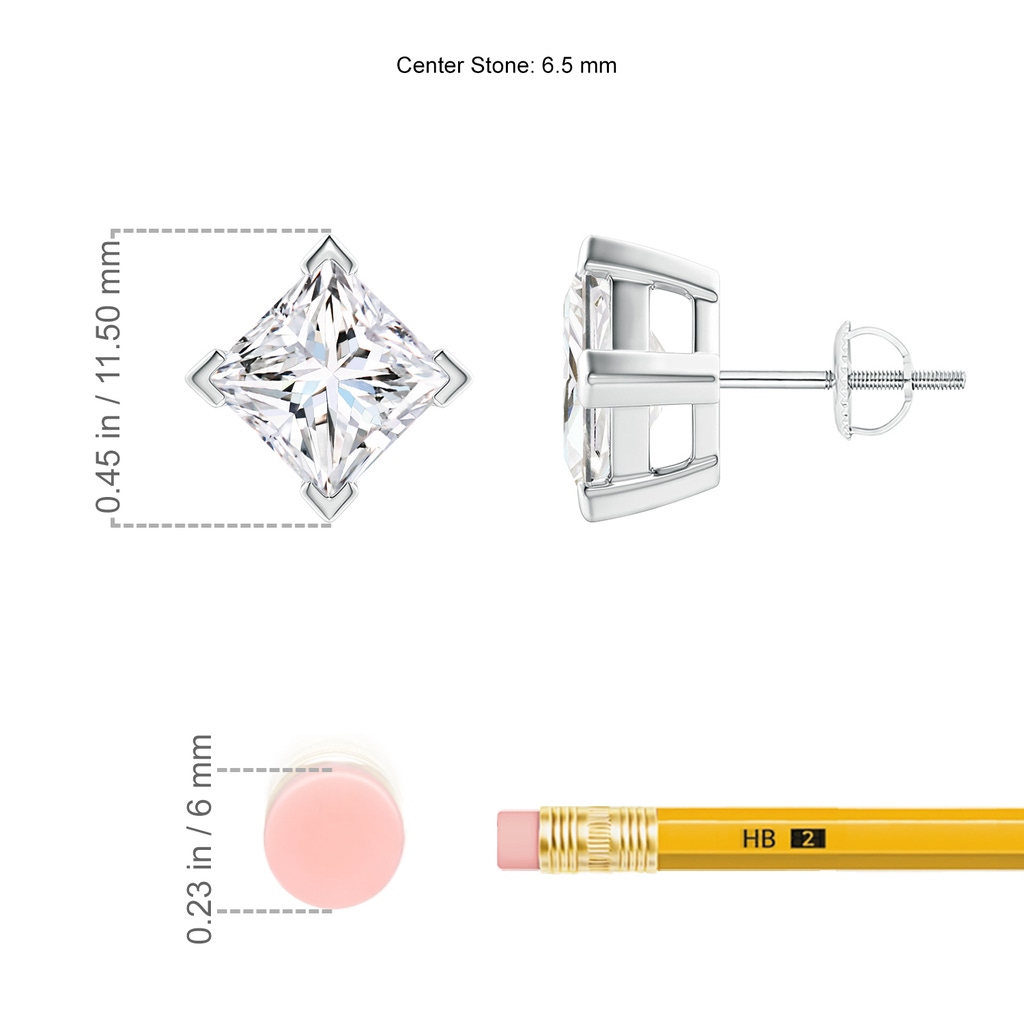 6.5mm GVS2 Princess-Cut Diamond Stud Earrings in P950 Platinum ruler