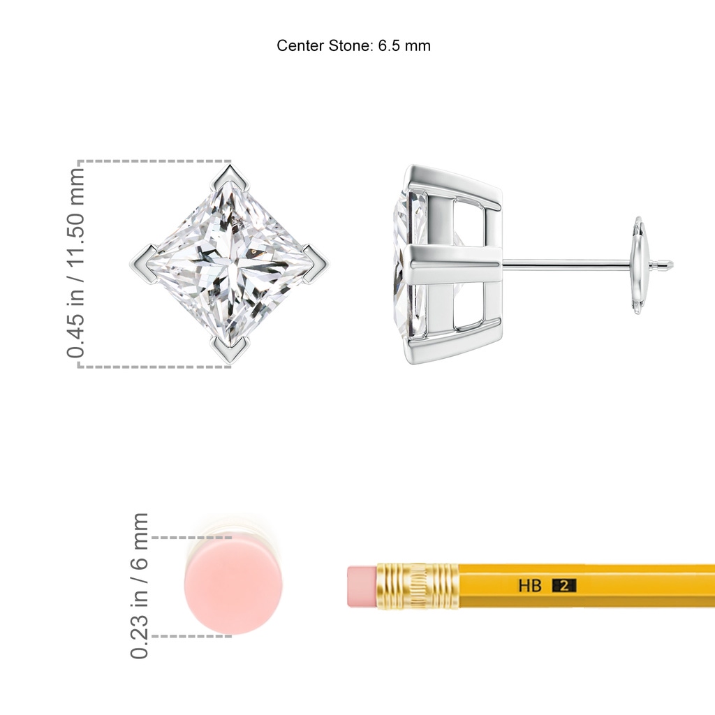 6.5mm HSI2 Princess-Cut Diamond Stud Earrings in White Gold ruler