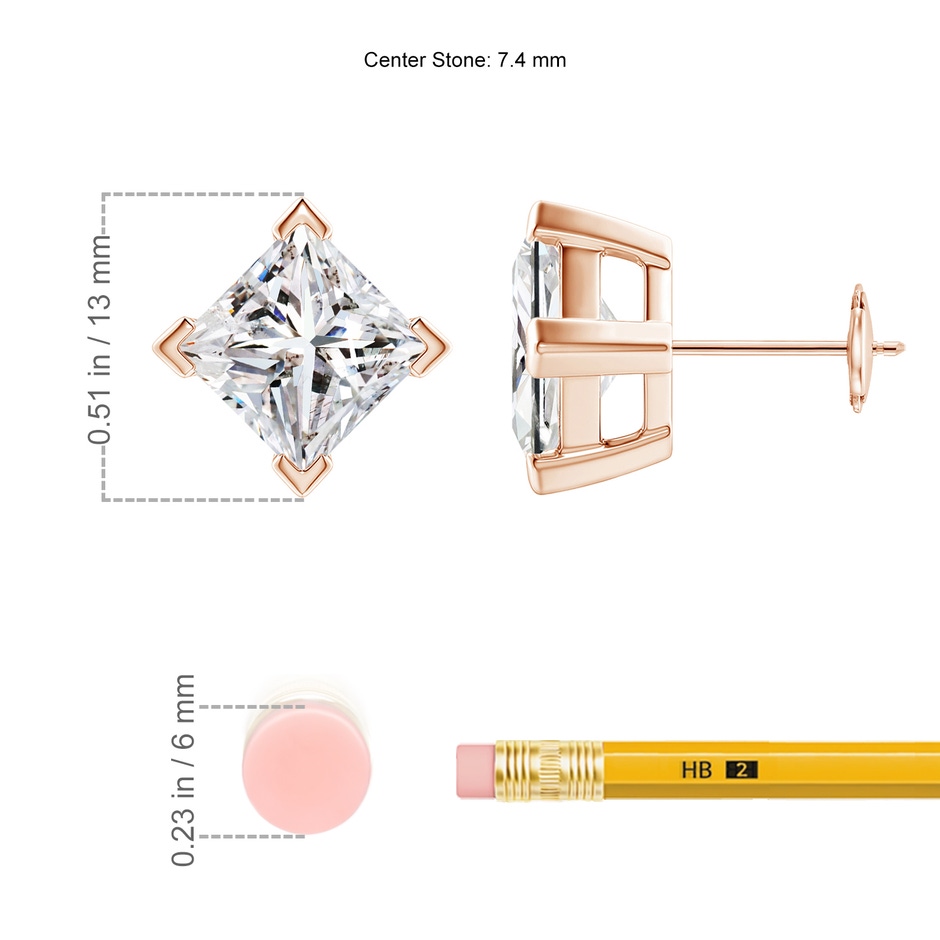 7.4mm IJI1I2 Princess-Cut Diamond Stud Earrings in Rose Gold ruler