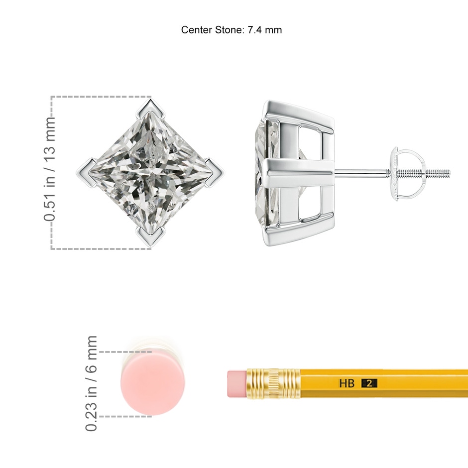 7.4mm KI3 Princess-Cut Diamond Stud Earrings in P950 Platinum ruler