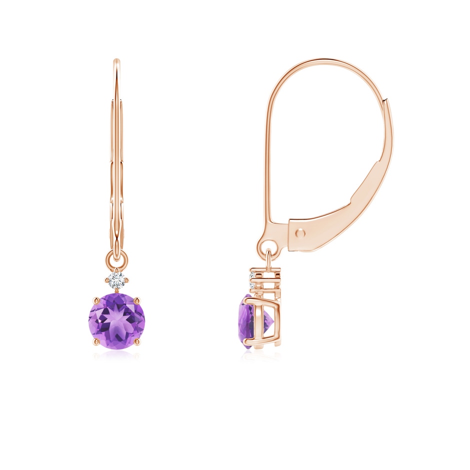 4mm A Prong-Set Round Amethyst Leverback Dangle Earrings with Diamond in Rose Gold 